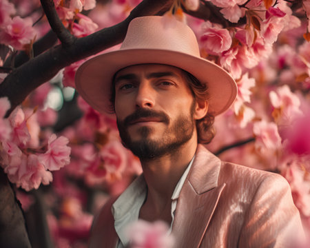 Portrait of a handsome young man in a hat posing in a blooming garden. Men's beauty, fashion.の素材
