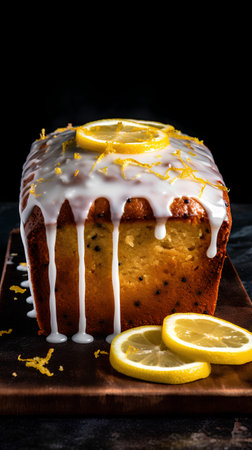 Lemon bundt cake with raisins on a black background.の素材