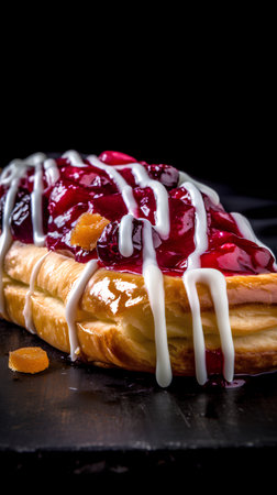 Cake with cherry jam on a dark background. Selective focus.の素材