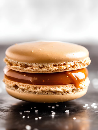 Macaroons with caramel sauce on a dark background. Toned.の素材