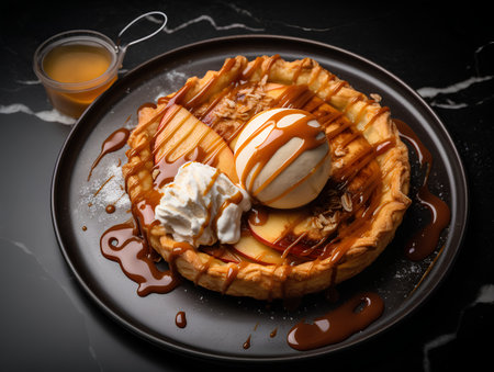 Delicious apple pie with ice cream and caramel sauce on dark backgroundの素材