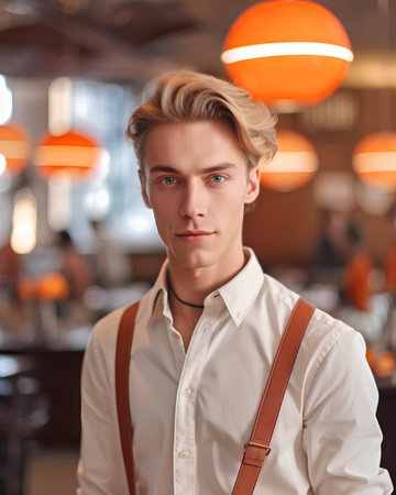 Portrait of a handsome young man with blond hair in a cafeの素材