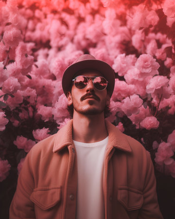 Portrait of a young man in a hat and sunglasses against the background of pink flowers.の素材