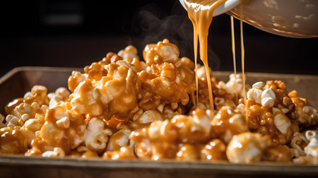 popcorn with caramel sauce on a wooden background. tinting. selective focusの素材