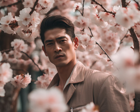 Portrait of a handsome Asian man standing in front of a blooming cherry treeの素材