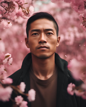 Portrait of a handsome asian man with cherry blossom backgroundの素材