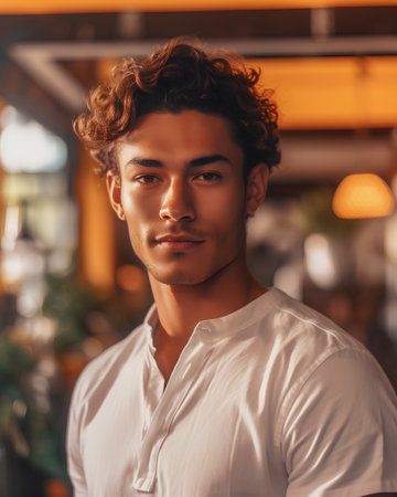 Handsome young man in white shirt is looking at camera and smiling while standing in cafeの素材