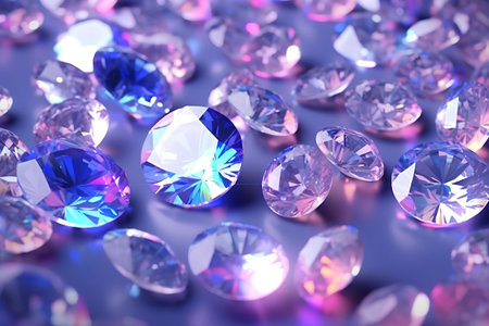 Brilliant blue diamonds on a purple background. 3d renderingの素材