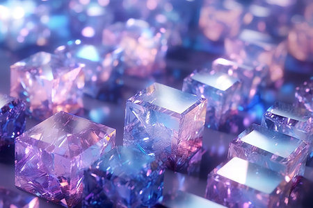 3D illustration of abstract geometric composition with blue and purple crystals.の素材