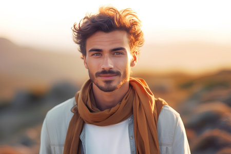 Portrait of a handsome young man wearing scarf and looking at camera.の素材