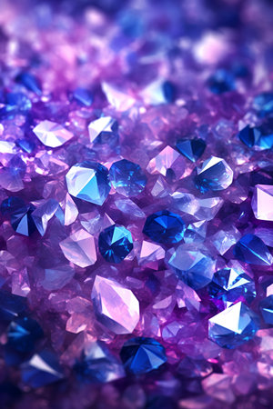 Brilliant blue diamonds on purple background. Macro shot with shallow depth of fieldの素材