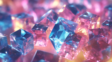 Blue and pink crystals on a light background. 3D illustration.の素材