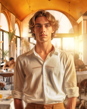 Portrait of a handsome young man in a restaurant. Men's beauty, fashion.の素材