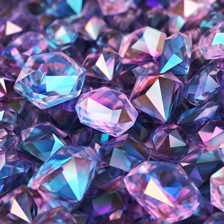 3d rendering of a lot of colorful diamonds on a blue backgroundの素材