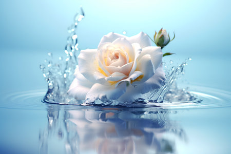 Beautiful white rose flower in water splash, isolated on blue backgroundの素材
