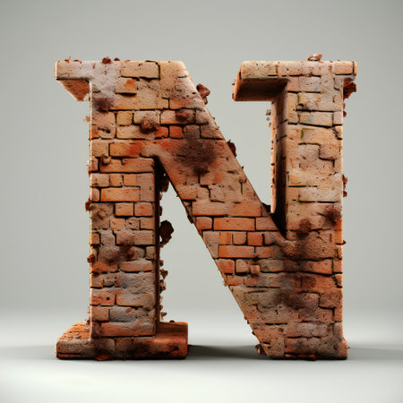 Brick letter N uppercase isolated on white background. 3D rendered font.の素材