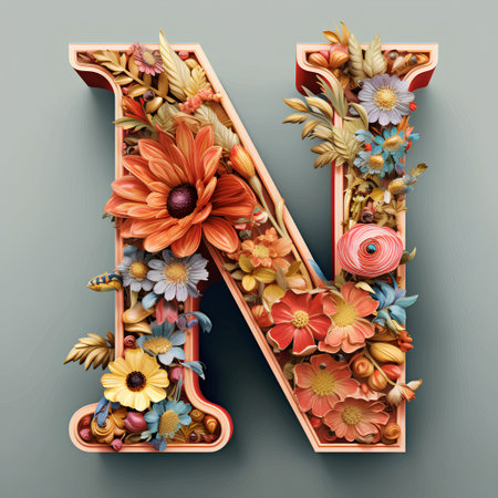 Letter N of the alphabet made of flowers and leaves in 3D illustrationの素材