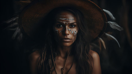 Close-up portrait of a beautiful young woman in a straw hat with a painted faceの素材