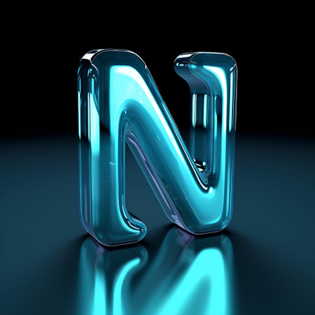 Blue glass font Letter N 3D rendering on black background with reflectionの素材