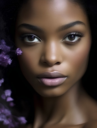 Beauty portrait of a young african american woman with purple flowersの素材