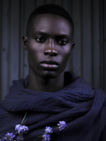 Portrait of a beautiful african american woman with purple scarfの素材