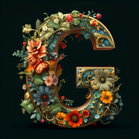 Luxury floral letter G with flowers, leaves and birds.の素材