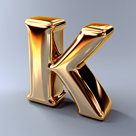 Golden letter K uppercase on a gray background. 3D rendered illustration.の素材
