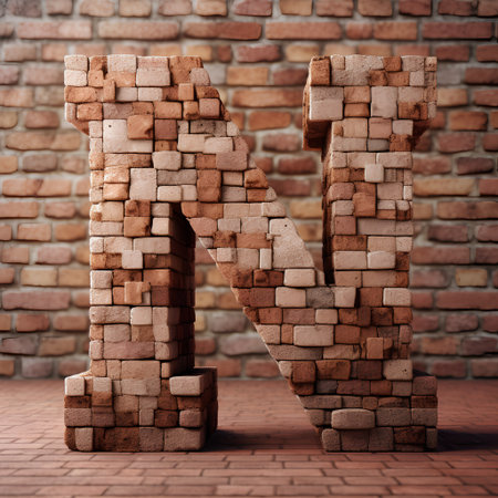 Stone letter N on brick wall background. 3d render illustration.の素材