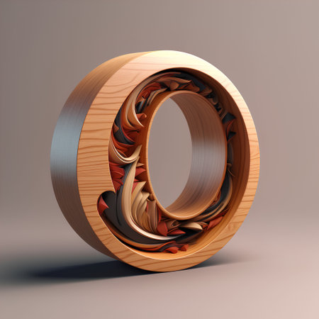 Wooden letter O uppercase. 3D rendered font with glossy wood texture isolated on grey background.の素材