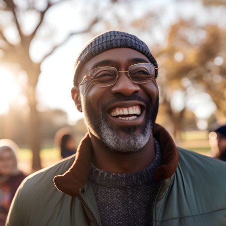 Portrait of a smiling african american man in the parkの素材