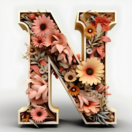 Letter N made of flowers and leaves, 3d render isolated on white backgroundの素材