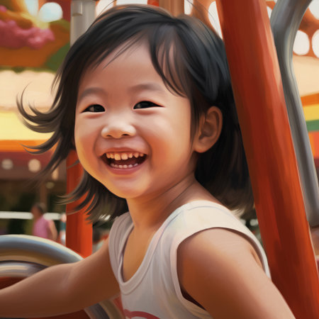 Smiling asian little girl playing on the playground at summertimeの素材