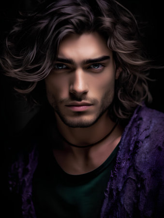 Portrait of a handsome young man with long wavy hair. Men's beauty, fashion.の素材