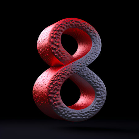 Red metallic number 8 isolated on black background. 3d rendered font.の素材