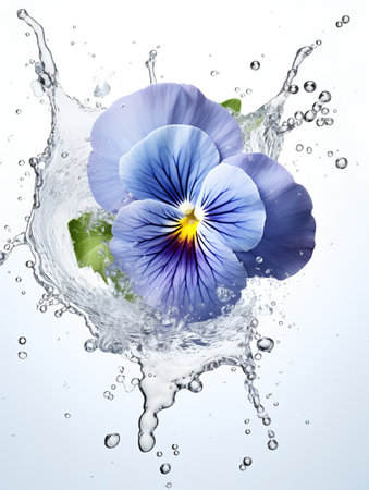 Water splash with blue pansy flowers and leaves isolated on white backgroundの素材
