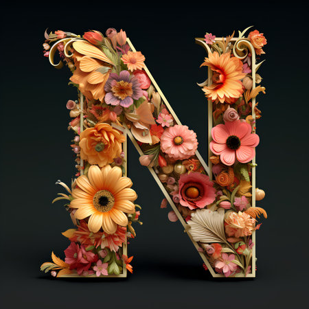 Floral letter N made of flowers and leaves, 3d renderの素材
