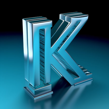 Metal letter K on blue background. 3D rendering. Metallic alphabet.の素材