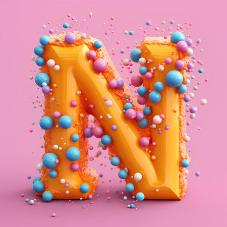 Orange letter M uppercase with sprinkles isolated on pink background. 3d renderingの素材