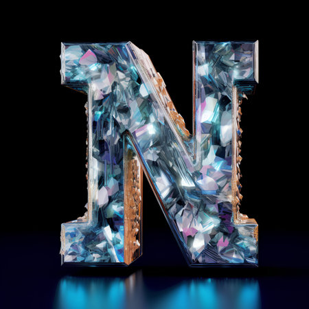 Diamond letter N isolated on black background. 3d rendered font.の素材