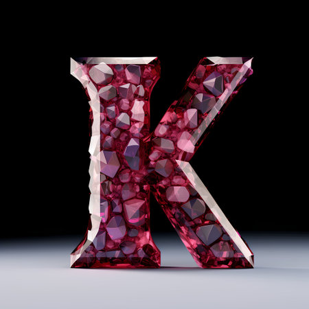 Diamond letter K in low poly style isolated on black background. 3d renderingの素材