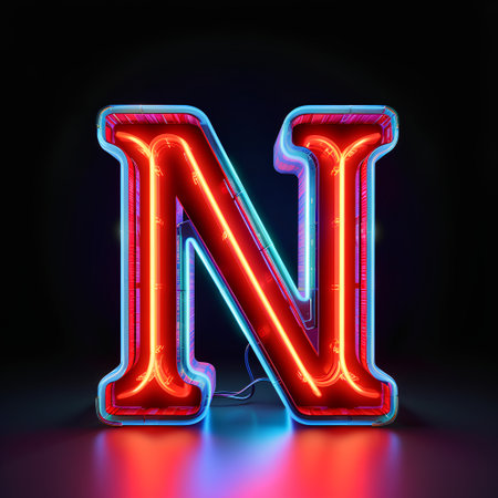 Neon light letter N, 3D render of neon font isolated on black backgroundの素材