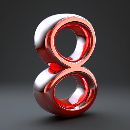 Red glossy metallic number 8 isolated on black background. 3D rendered font.の素材