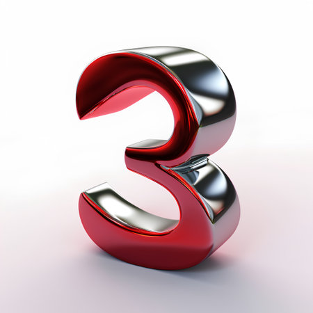 Metal font Number 3 in red and silver isolated on white background. 3d renderingの素材
