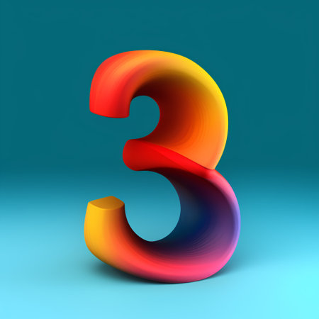 3D render glossy rainbow font number 3 isolated on blue background.の素材