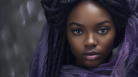 Portrait of beautiful african american woman in purple scarf.の素材