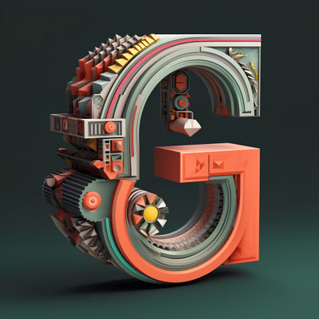 Mechanical alphabet. Letter G. 3d illustration on dark backgroundの素材