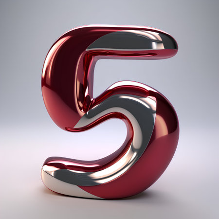 Red metallic number 5 on white background. 3D rendered illustration.の素材