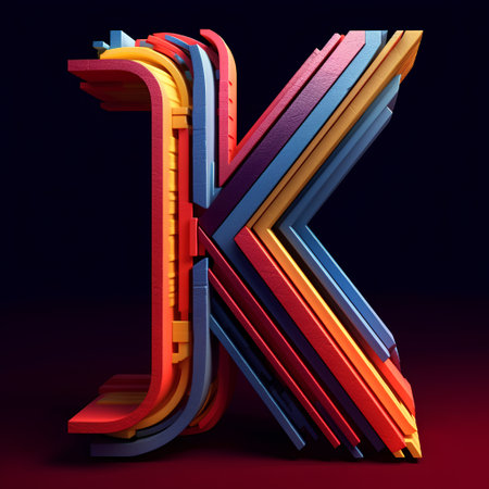 3d render. Colorful 3d letter K on dark background.の素材