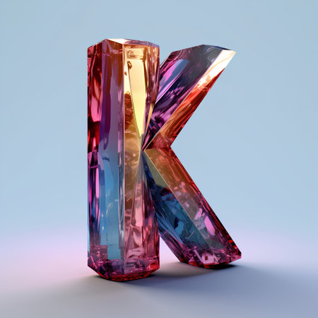 3d render of glossy pink and blue diamond letter K isolated on blue backgroundの素材