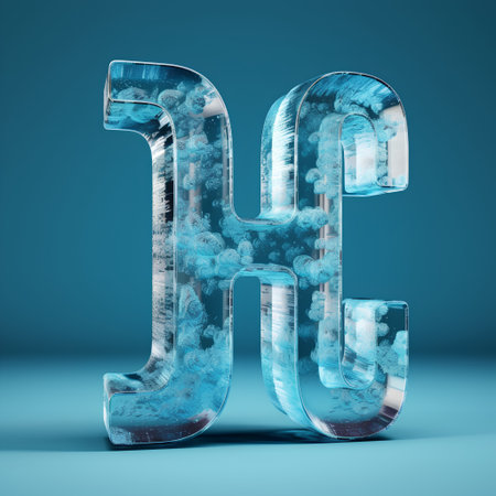 Ice font letter H uppercase. 3D rendering cracked ice font isolated on blue backgroundの素材
